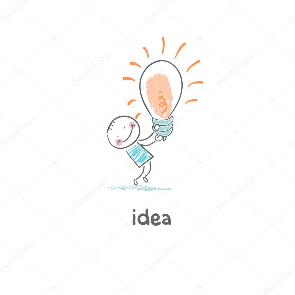 The Big Idea. Illustration. Man holding a giant lightbulb