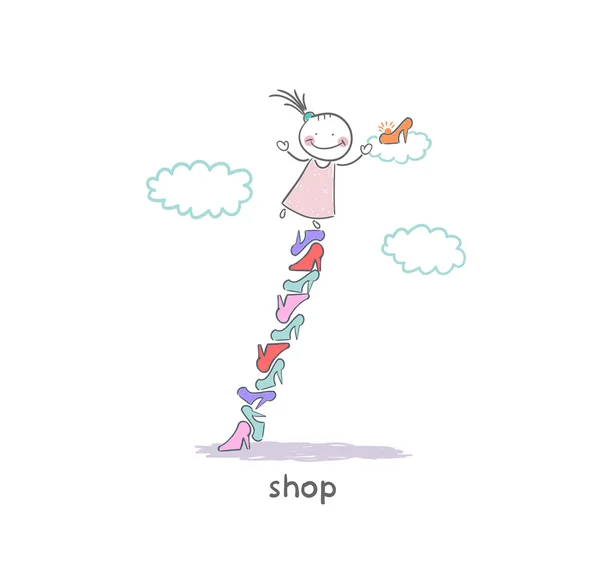 A girl in a shoe shop. Illustration. — Stock Vector