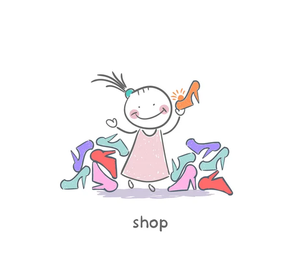 Ένα κορίτσι σε ένα κατάστημα παπουτσιών. εικονογράφηση. — Διανυσματικό Αρχείο