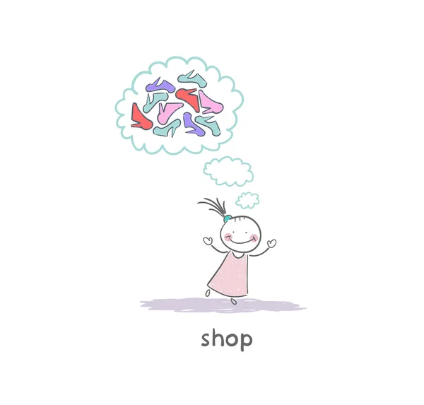 Una ragazza in un negozio di scarpe. Illustrazione . — Vettoriale Stock