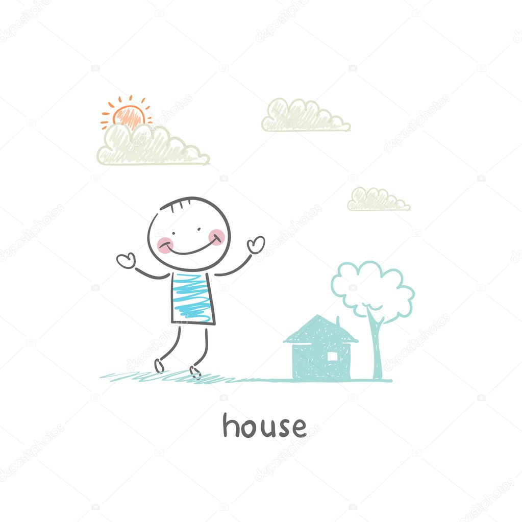 A man and a house. Illustration.