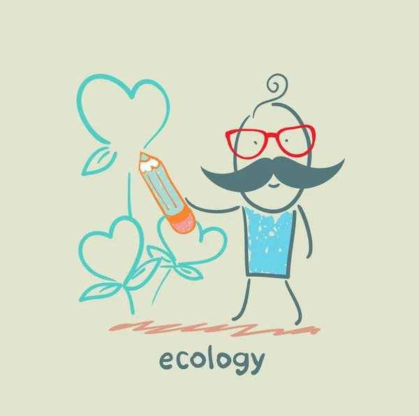 Ecología. Planta de dibujo del hombre con corazón — Vector de stock