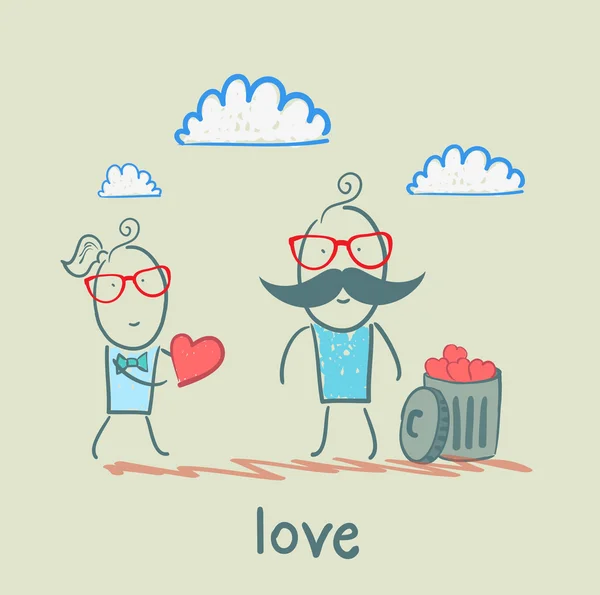 L'amour, l'homme jette les cœurs dans une poubelle — Image vectorielle
