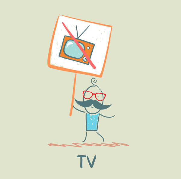 Мужчина носит плакат, запрещающий смотреть телевизор
