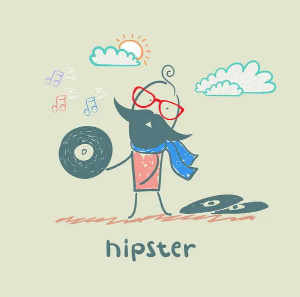 Hipster met vynil record — Stockvector