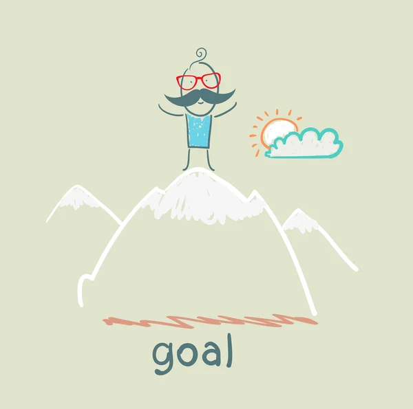 Man climbs at the top of the mountain to the goal — Stock Vector