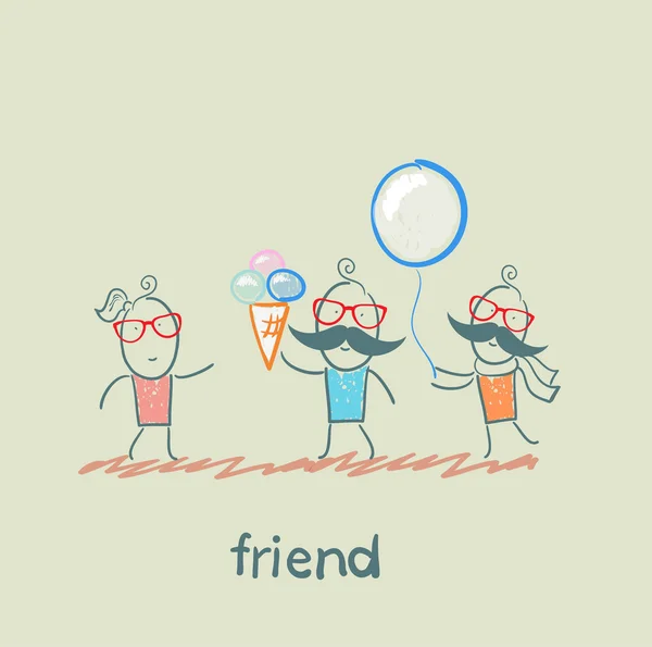 Friends with ice cream and balloon — Stock Vector