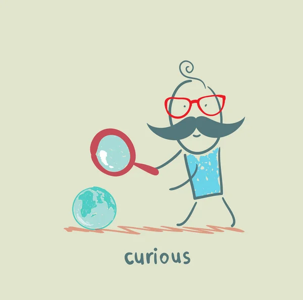 Curious cartoon man with magnifying glass — Stock Vector