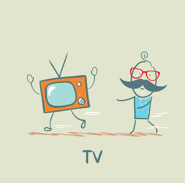 Hombre tratando de coger la televisión — Vector de stock