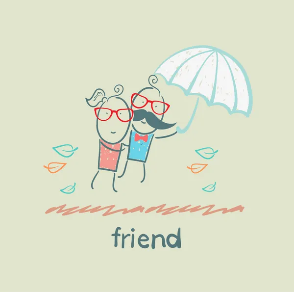 Cartoon friends under umbrella — Stock Vector