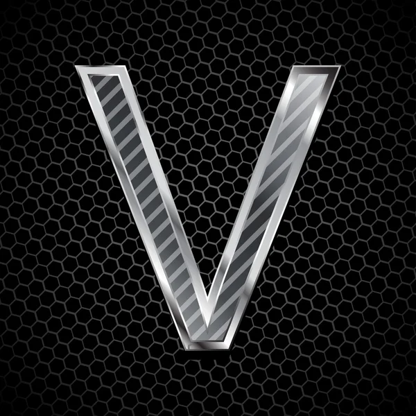 Metallic font on a metal grid. Letter V — Stock Vector