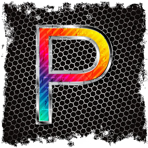 Abstracte grunge metalen achtergrond en metaal, gekleurde letter p — Stockvector