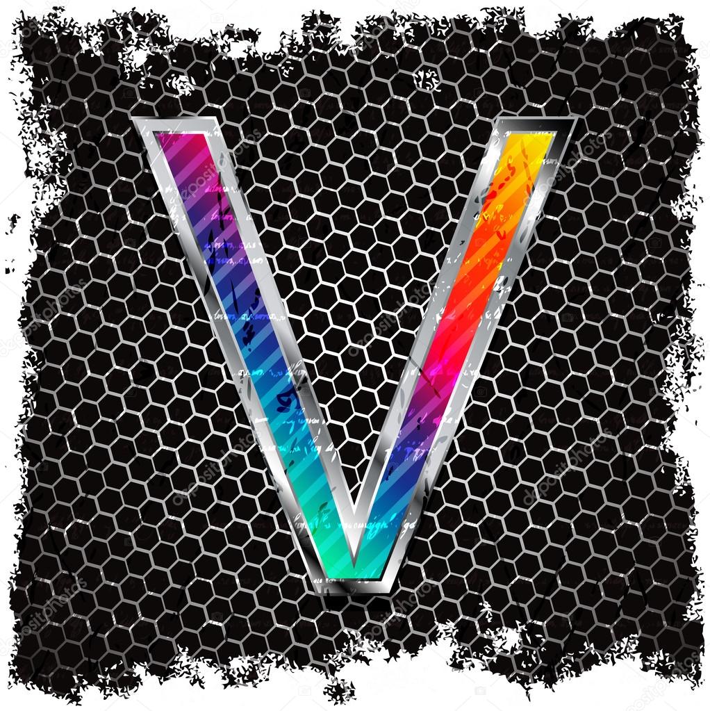 Abstract grunge metallic background and metal, colored letter V