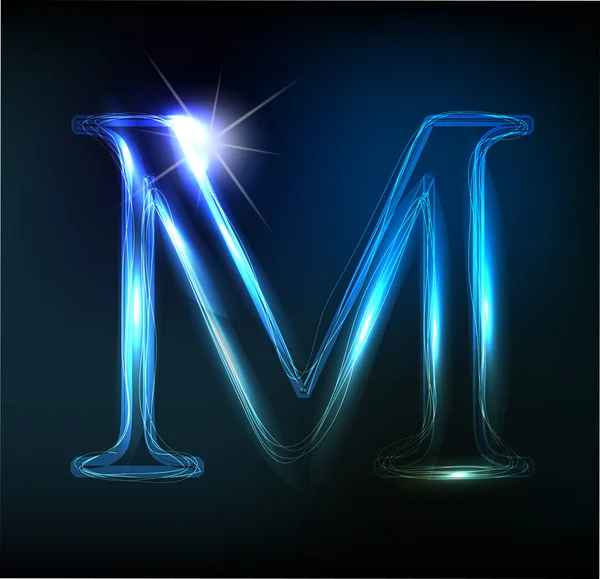 Svítící neonové písmo. lesklý písmeno m — Stockový vektor