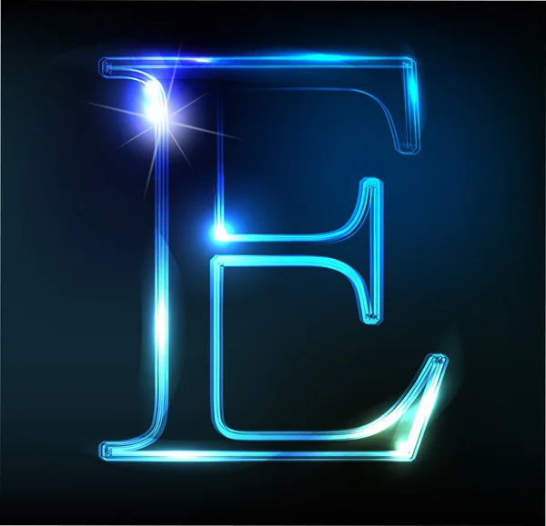 Glowing neon letter on dark background. Letter E. — Stock Vector