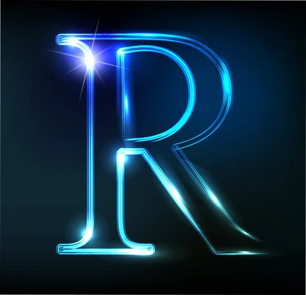 Glowing neon letter on dark background. Letter R. — Stock Vector