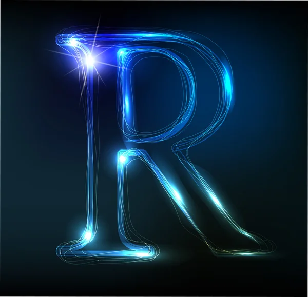 Glowing neon letter on dark background. Letter R — Stock Vector