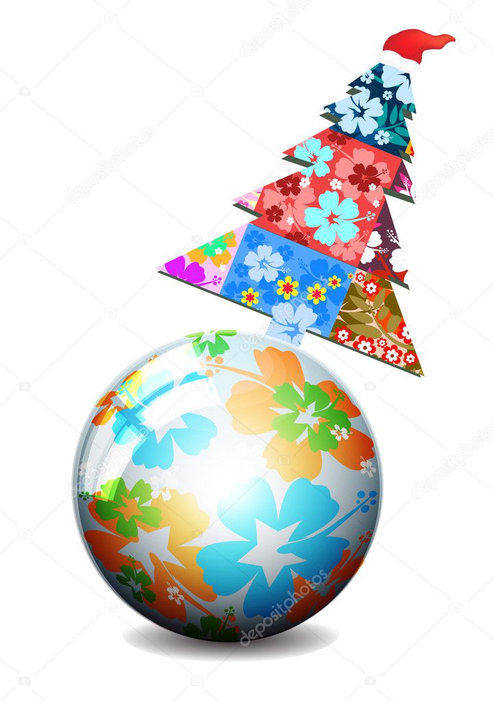 Tropical Christmas ball and tree vector background