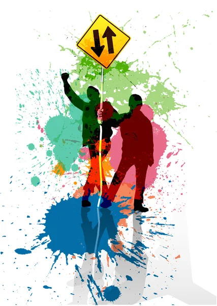 Affiche couleur grunge avec panneau routier — Image vectorielle