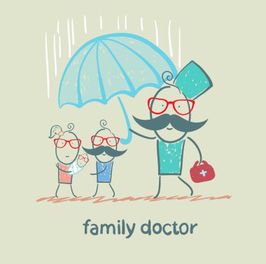 aile anne, baba ve çocuk yağmur şemsiye tutan doktor