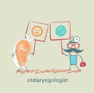 otolaryngologist hapları ile bir poster tutar ve hasta gösterir