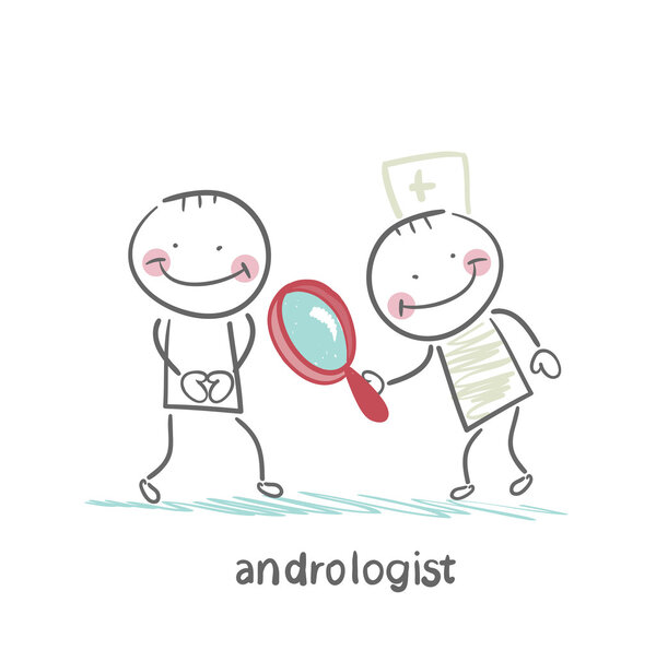 andrologist looking through a magnifying glass on a patient