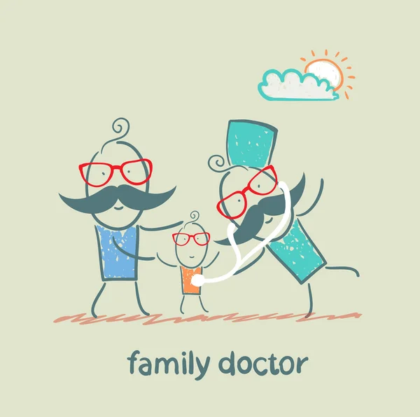 Family doctor treats the father and his child — Stock Vector