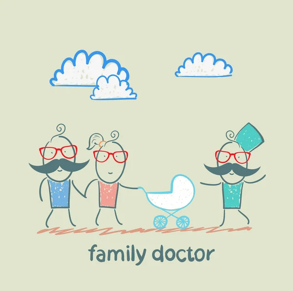 Family doctor treats the father, mother and baby — Stock Vector