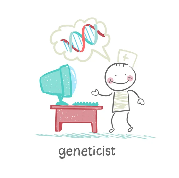 Geneticus op de computer denkt over de genen — Stockvector