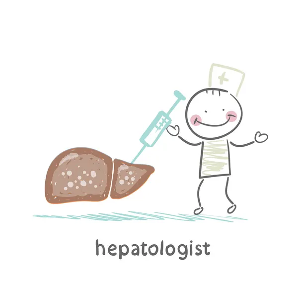 Hepatológus teszi egy lövés beteg máj — Stock Vector