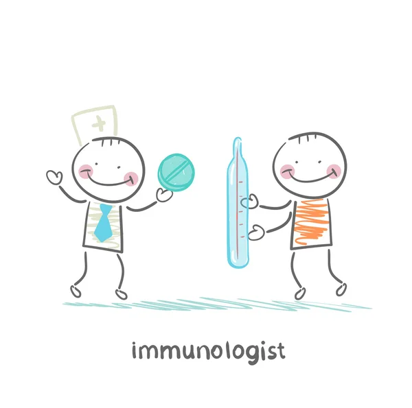 Immunolog ger ett piller till en patient med termometer — Stock vektor