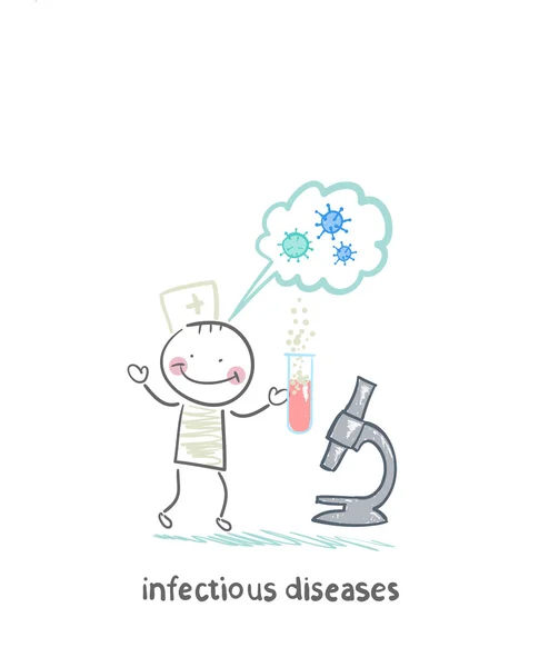 Especialista en enfermedades infecciosas está de pie junto a un microscopio — Vector de stock