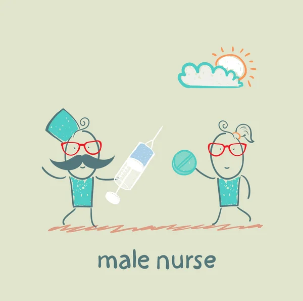 男护士用注射器和手中的药丸 — 图库矢量图片