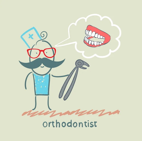Ортодонт с инструментом для размышлений о выдергивании челюсти — стоковый вектор