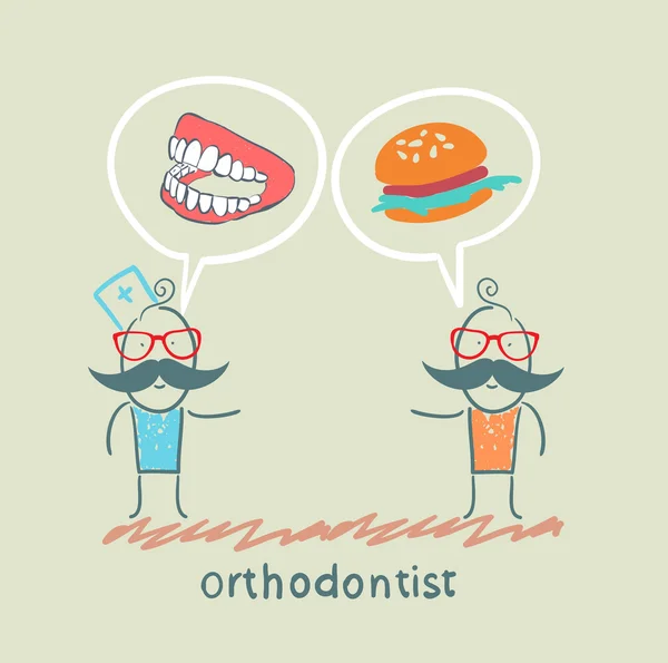 Orthodontist zegt aan de patiënt tanden en eten — Stockvector