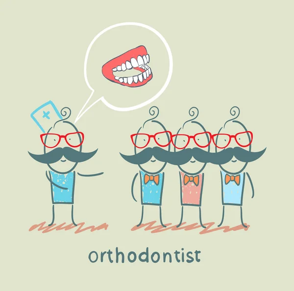 Orthodontiste dit avec les patients au sujet de leurs dents — Image vectorielle