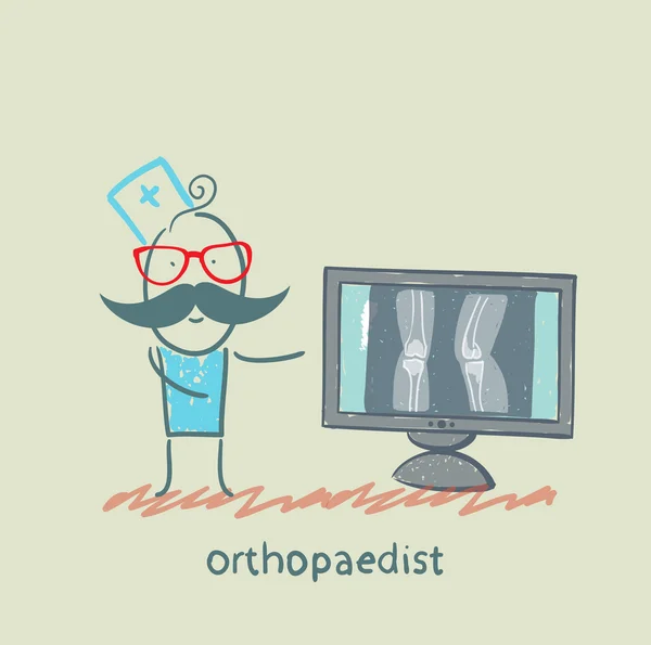 Ortopedista en el monitor muestra una radiografía — Vector de stock