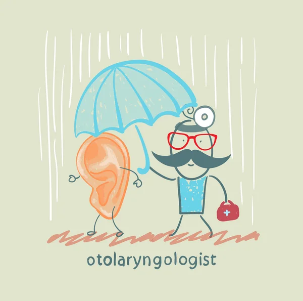 Otolaryngologist holding an umbrella over the patient — Stock Vector