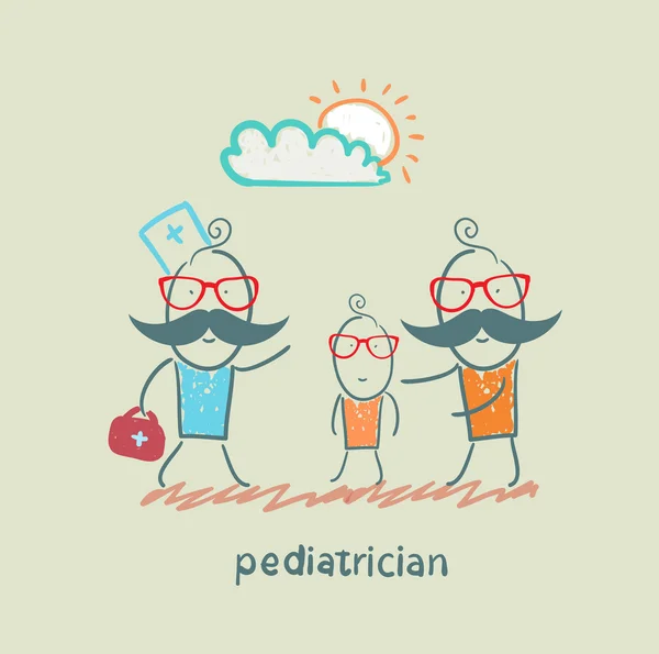 Pediatra lleva a papá con un niño enfermo — Archivo Imágenes Vectoriales