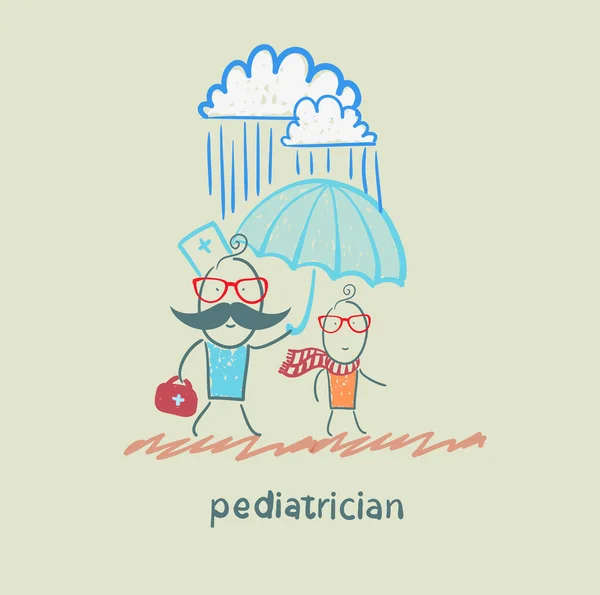 Pediatrician holding an umbrella over the child in the rain — Stock Vector