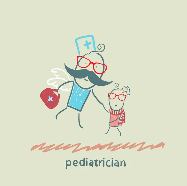 Pediatrician flies to a sick child — Stock Vector