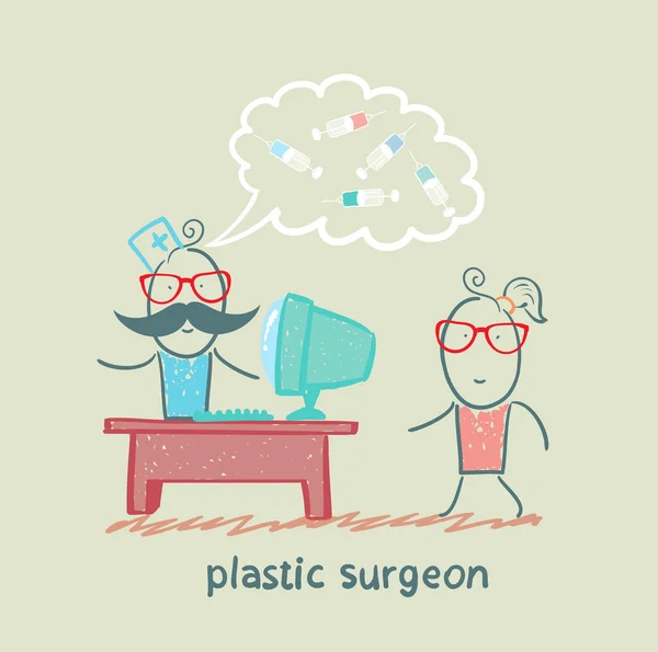 Plastic surgeon at the computer says about the operation with the patient — Stock Vector