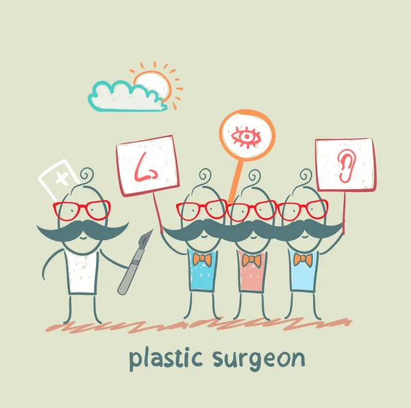 Plastický chirurg pohlíží na lidi s transparenty, které namaloval, nos, ucho, oko — Stockový vektor