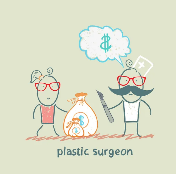 Plastic surgeon thinks about money and takes a bag of money in the patient — Stock Vector