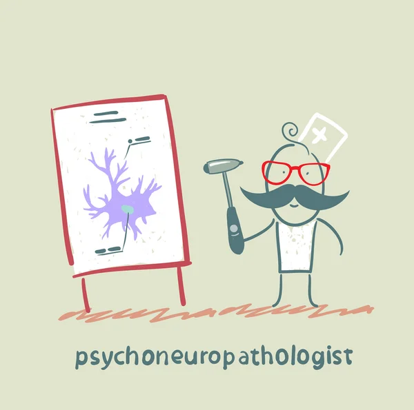 Psychoneuropathologist holds the hammer and says a presentation on the nerve cells — Stock Vector