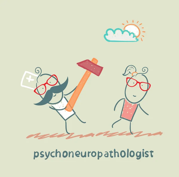 Psychoneuropathologist runs with a hammer for the patient — Stock Vector