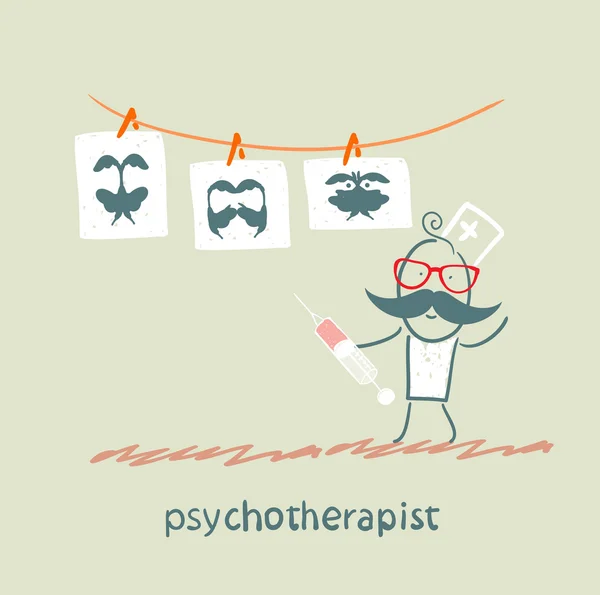 Psychotherapeut toont een foto test en staande met spuit — Stockvector