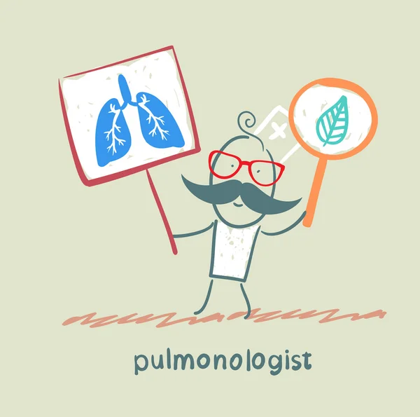 Neumólogo que sostiene carteles con la imagen de los pulmones — Archivo Imágenes Vectoriales