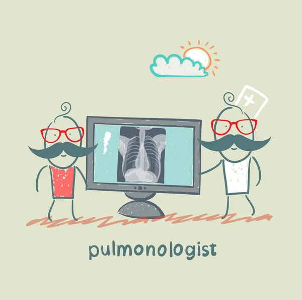 Neumólogo, radiografía de tórax muestra un paciente — Vector de stock