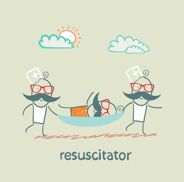 Resuscitator taşıyan bir sedye hasta üzerinde — Stok Vektör
